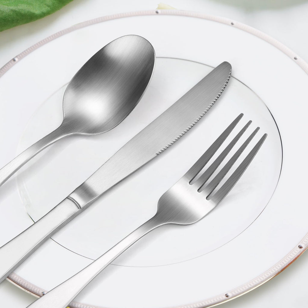 Silver Matte Silverware Square Handle 30 pieces Stainless Steel Cutlery Set for 6 Tableware Modern Eating Utensils