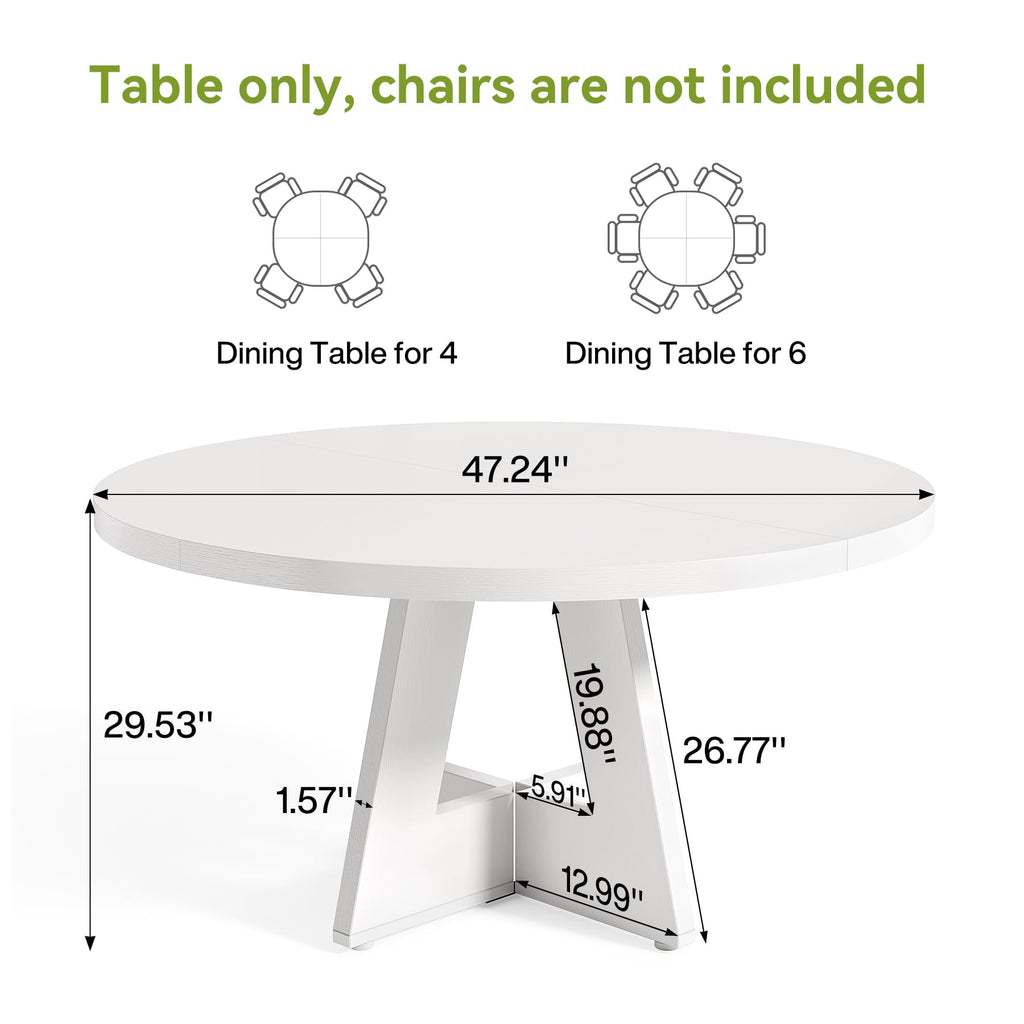 Round Dining Table for 4-6 People, 47 Inches White Circle Dinner Kitchen Dining Room Table with Wooden Pedestal Base