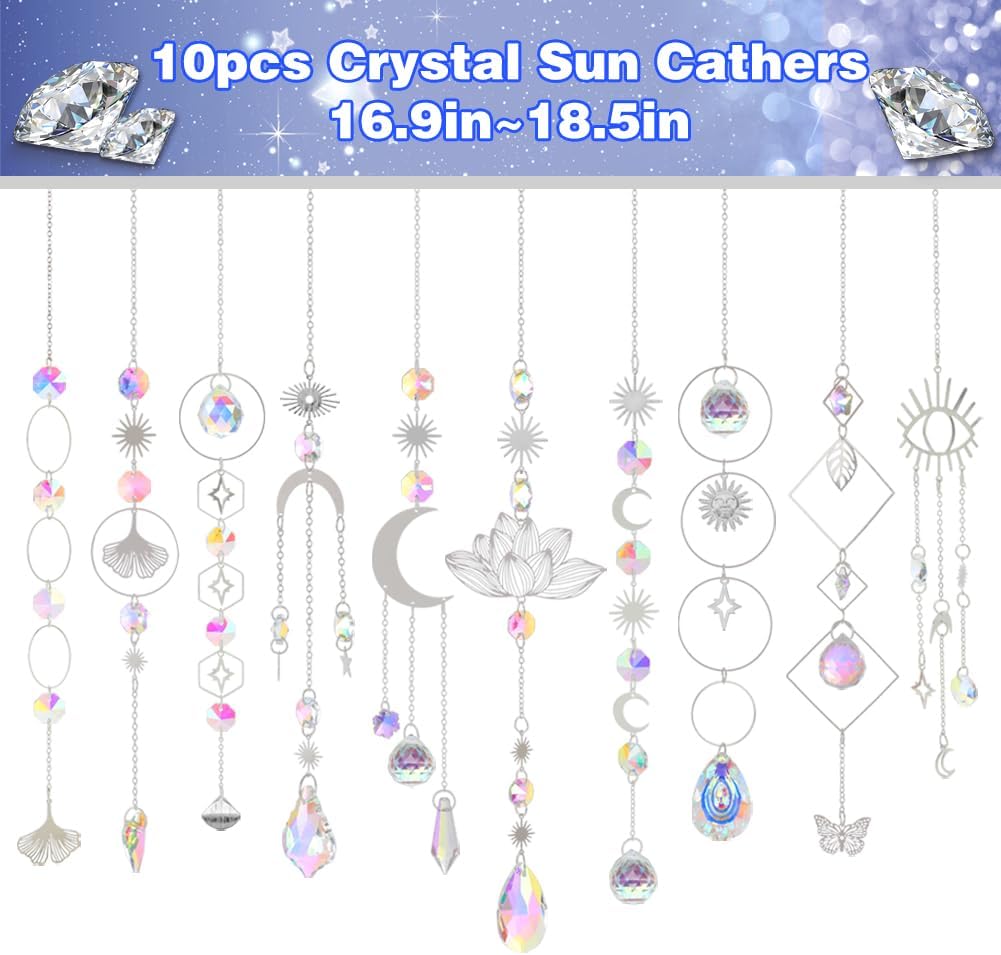 Sun Catchers, 10 Pcs Crystal Suncatcher Prism Hanging Kit for Indoor Window - Rainbow Maker Crystals Balls Pendants