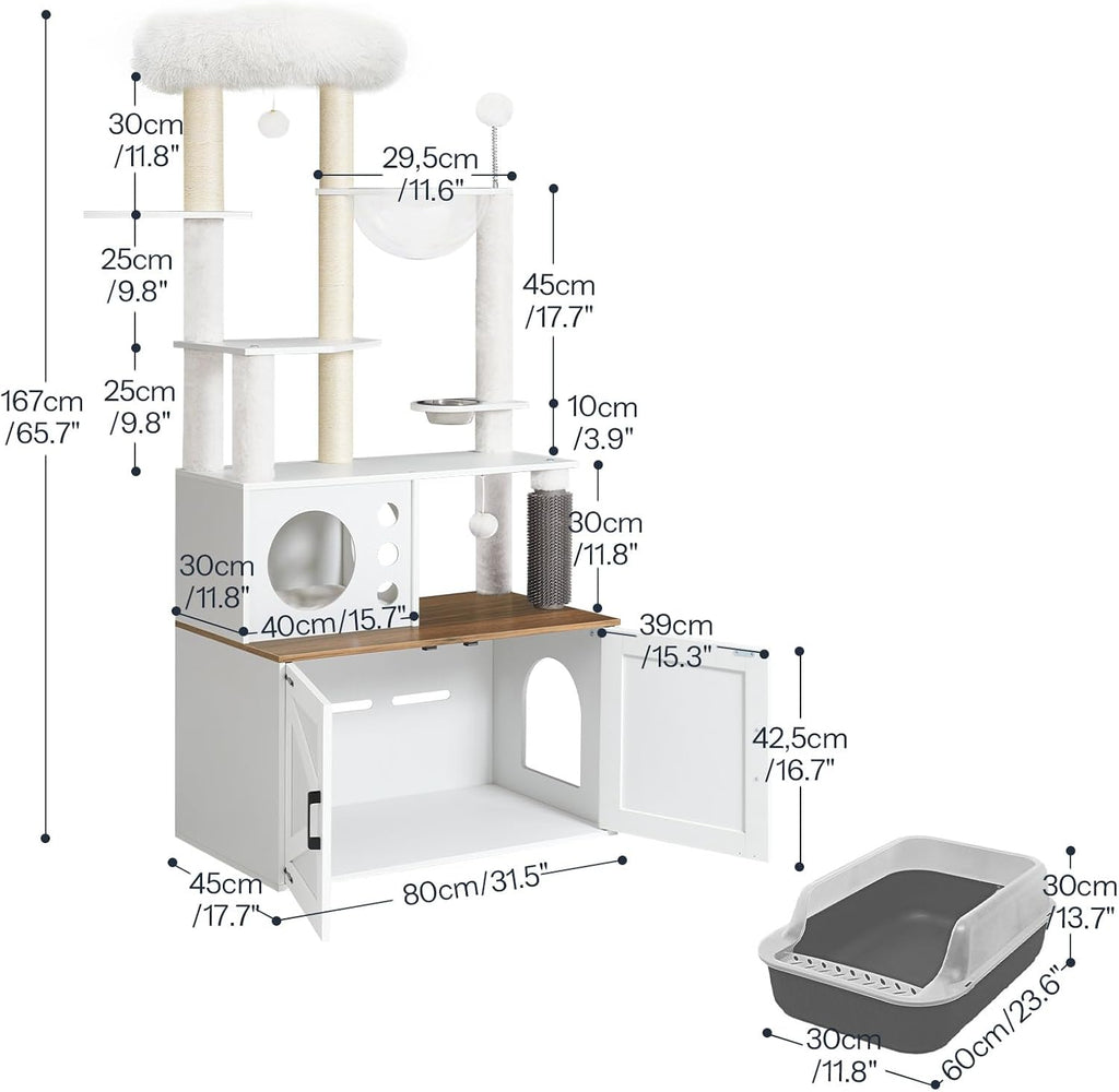 Cat Tree with Litter Box Enclosure, 65.7'' Modern Cat Tower, 2-in-1 Cat Furniture with Cat Condo, Food Station