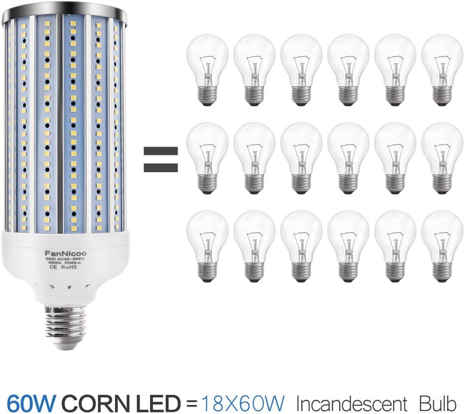 2 Pack 500W Equivalent LED Corn Light Bulb 5500 Lumen 6500K 60W Large Area Cool Daylight White E26/E27 Medium Base