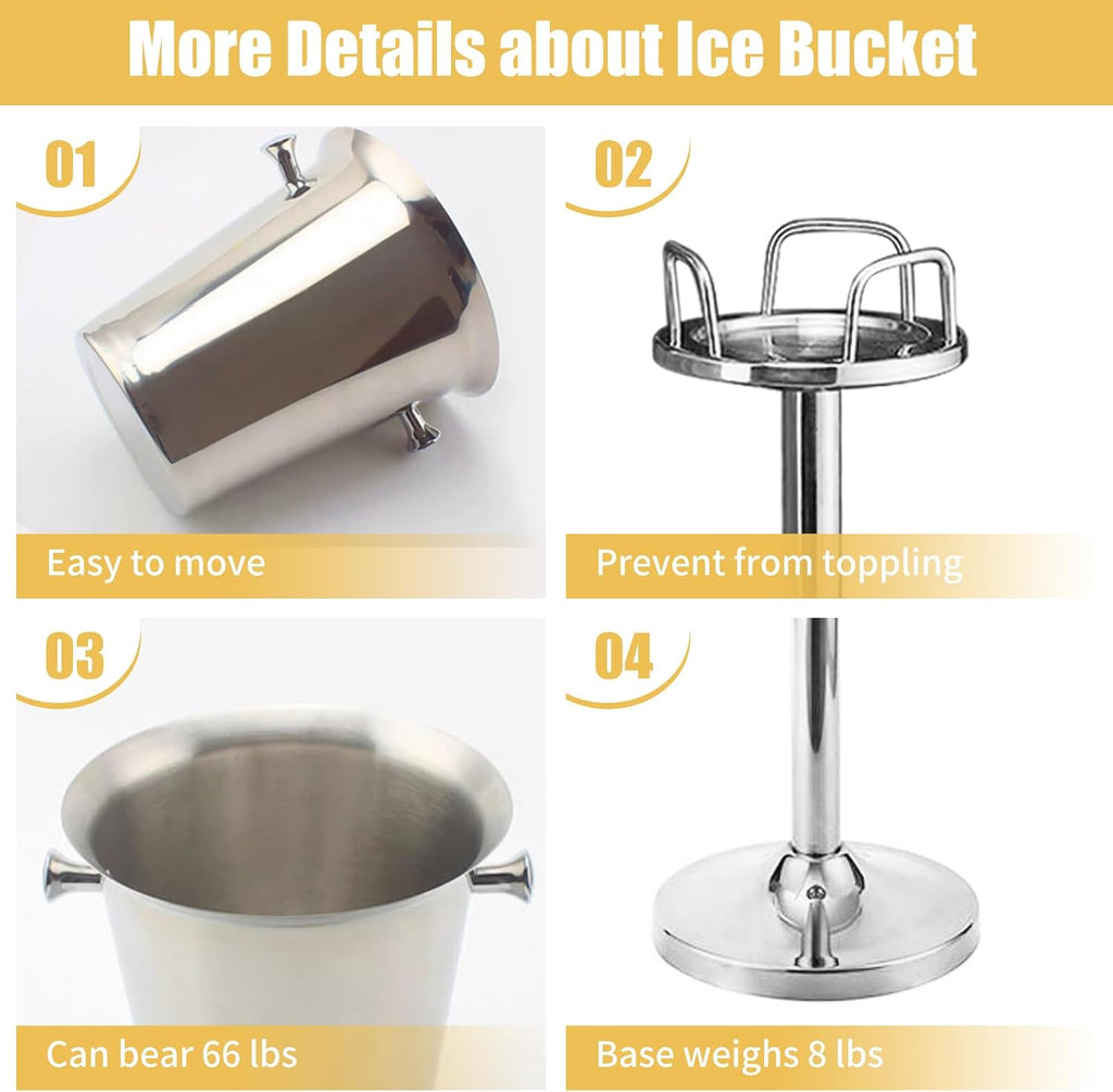 Silver Ice Bucket with Stand, large Champagne Ice Bucket 1.32 gal, Stainless Steel Ice Bucket, 3Ft Tall Ice Bucket