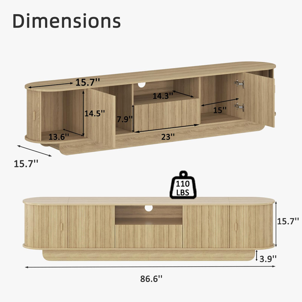 86.6'' Fluted TV Stand for 55-85 Inch, Natural Wood TV Console