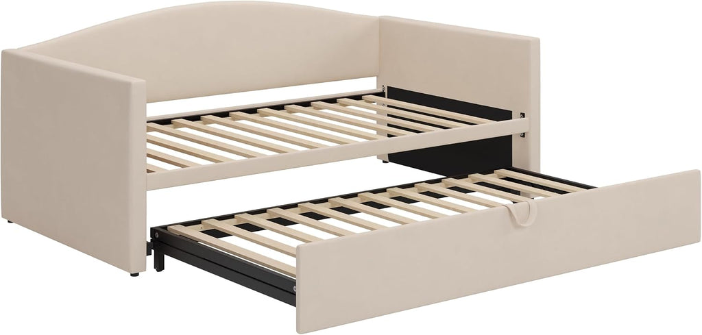 Twin Daybed with Trundle, Velvet Upholstered Day Bed with Pop Up Trundle & Soft Padded Backrest, Twin to King
