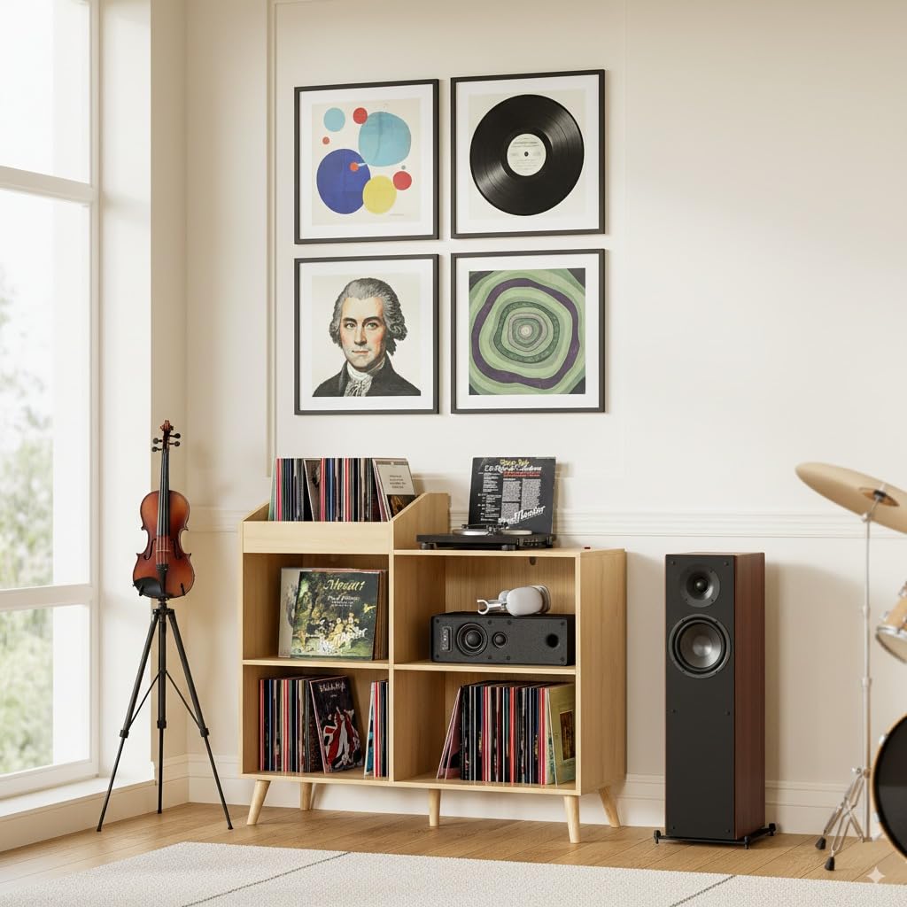 Large Record Player Stand with Power Outlet, Vinyl Record Storage Table Holds Up to 400 Albums, Mid-Century Turntable