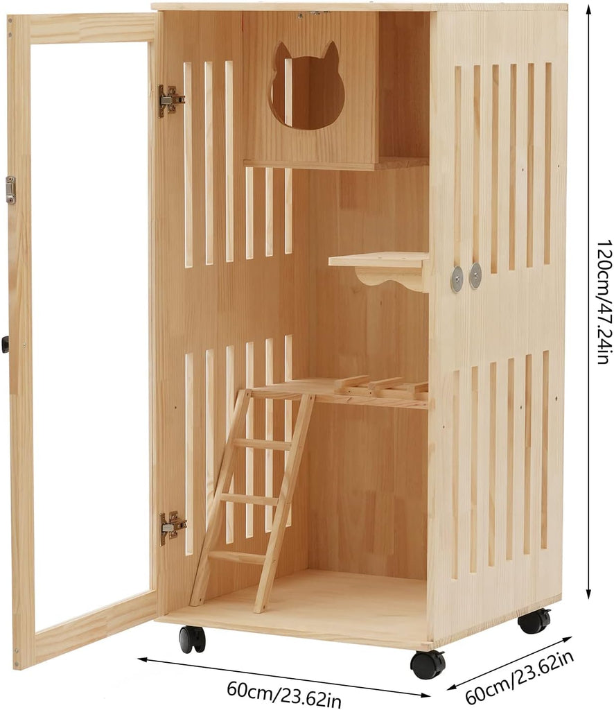 Wooden Cat House Large Space, Cat House Catio Outdoor Cat Enclosure Wooden Cage Large Cat Cage with Wheels, Clear