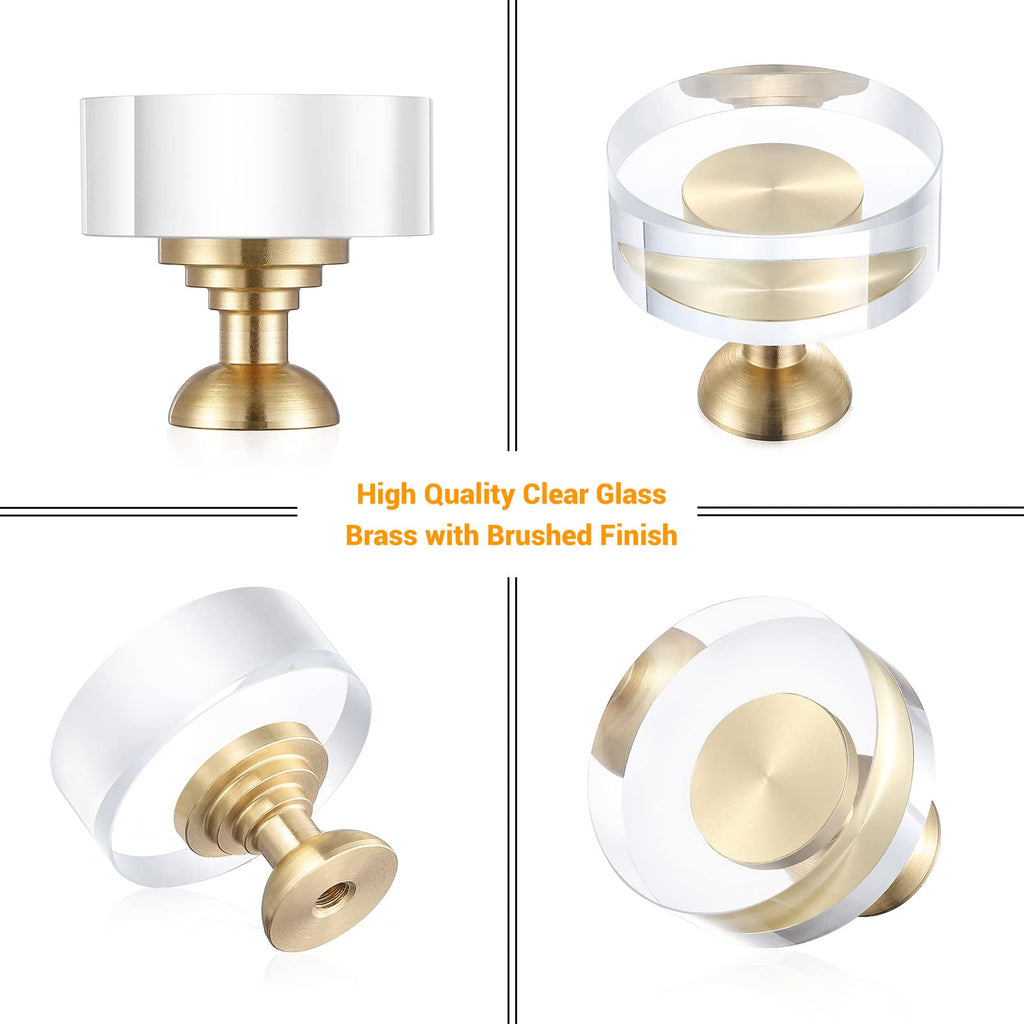 12-Pack 1-1/4-Inch White Cabinet Glass Crystal Brass knobs Brass Drawer Round Knobs Dresser Pulls, Gold Hardware