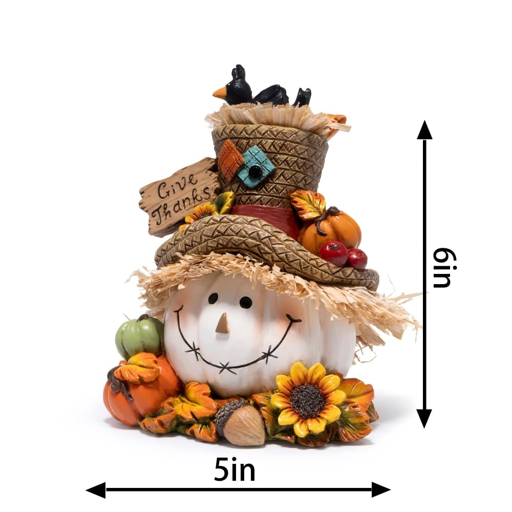 Thanksgiving Pumpkin Decorations, Resin Fall Autumn Figurine with Straw Hat, Birds, Acorns & Sunflowers, Give Thanks