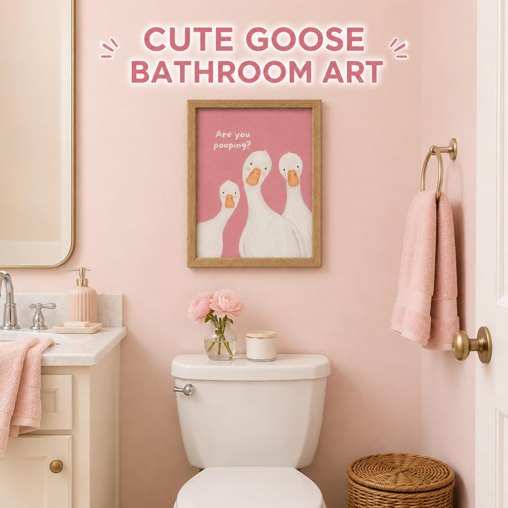 Framed Funny Bathroom Wall Art - Are You Pooping Goose Canvas Print, Cute Pink Whimsical Bathroom Animal Decor - Easy
