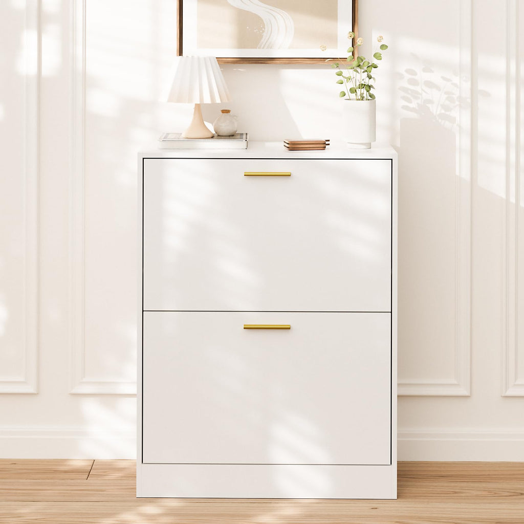 Modern Entryway Shoe Cabinet with 2 Flip Drawers and Top Display, White丨Free Standing Tipping Bucket Shoe Rack