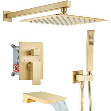 Tub Shower Faucet Set with Valve 10'' Rain Head,Brushed Gold