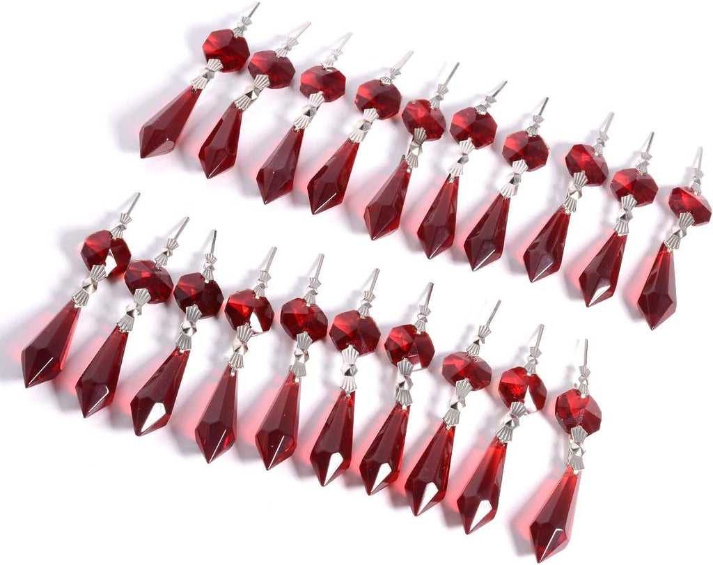 20pcs Red Crystal Chandelier Icicle Prisms Lamp Candelabra Replacement Parts with Octagon Beads