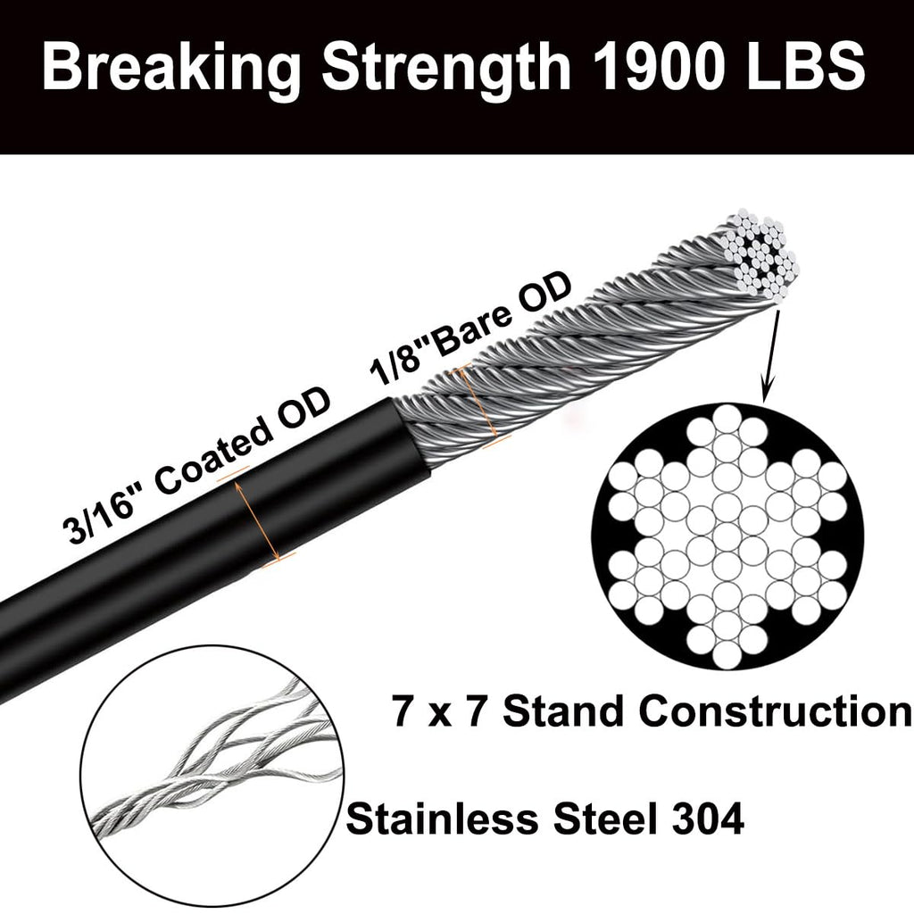 300FT 3/16" Black Vinyl Coated Wire Rope, Cable Railing System, Black Aircraft Cable for Indoor Outdoor Decking Stair
