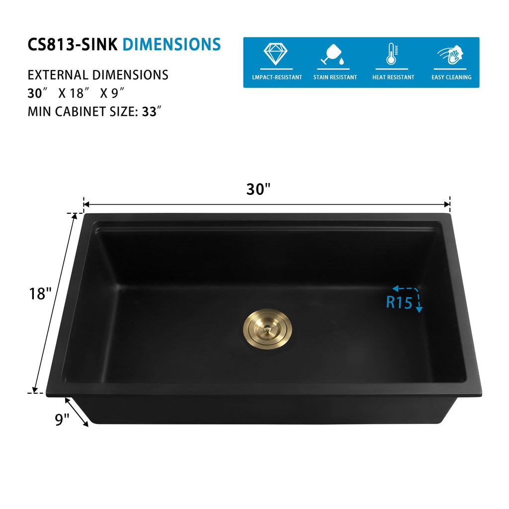 Black Undermount Kitchen Sink 30 Inch, Workstation Granite Sink