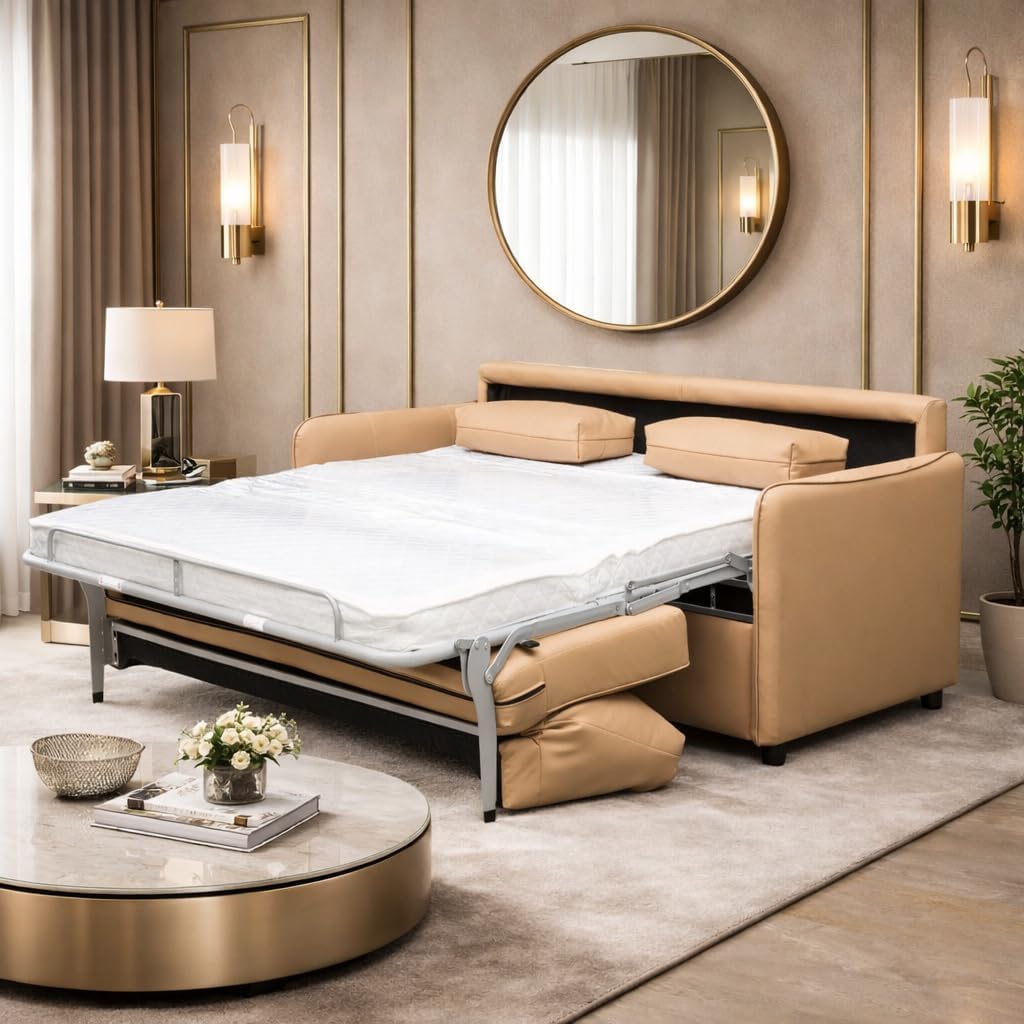 66.5" Alaric Top Grain Italian Leather Full Size Sleeper Sofa Bed with Memory Foam Mattress, Couch with Memory Foam