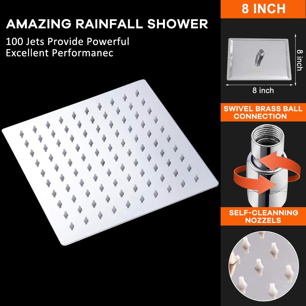 Rain Shower Head, High Flow Stainless Steel Square Rainfall Shower, High Pressure Design, Awesome Shower Experience