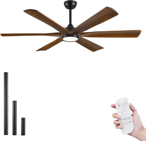 60 Inch Ceiling Fan with Light and Remote, Rustic Farmhouse Style, 6 Brown Solid Wood Blades