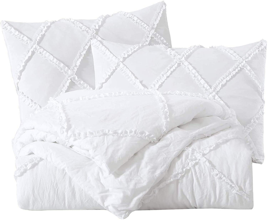 Vivian 3-Piece Diamond Ruffle Quilted Trim Soft Washed Microfiber Comforter Set (White)