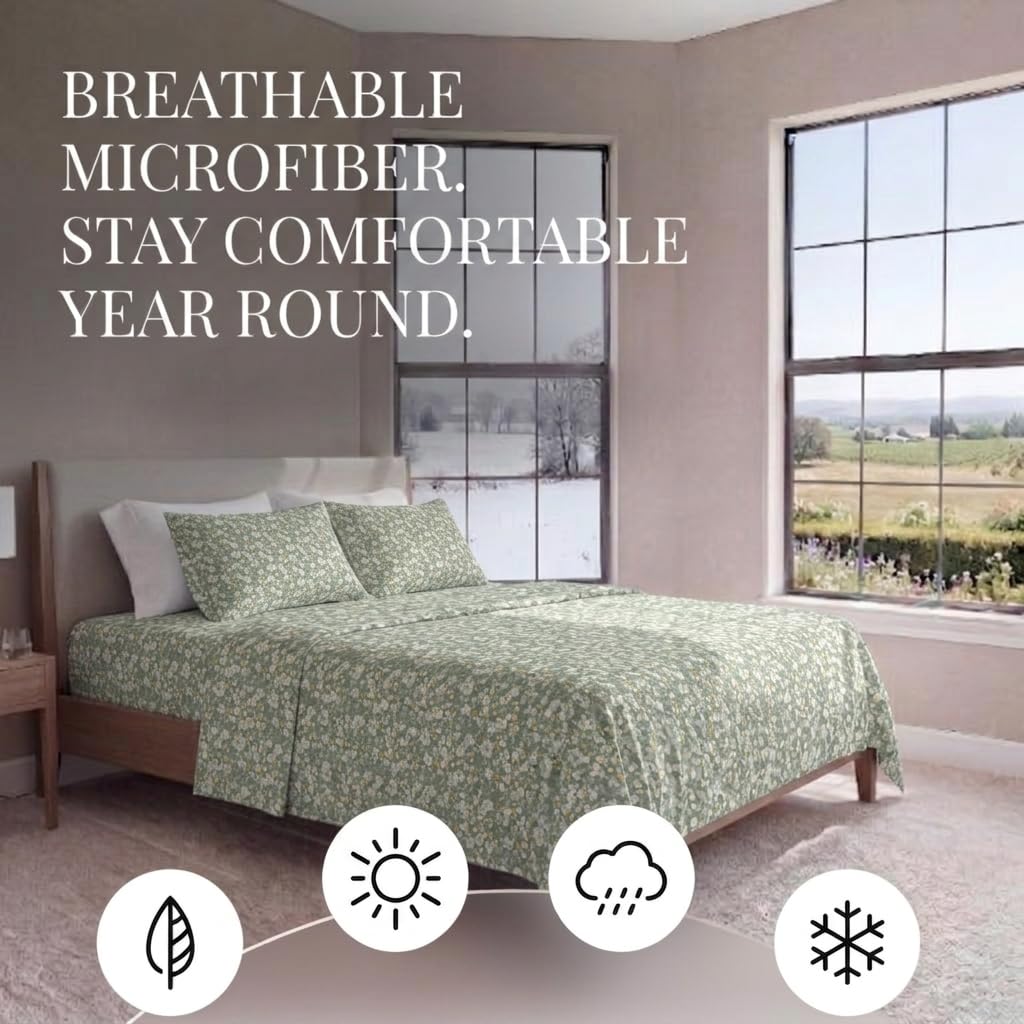 Sheet Set Patterned Microfiber Ultra Soft Bedding in Floral Dream - King Floral Dream Eucalyptus