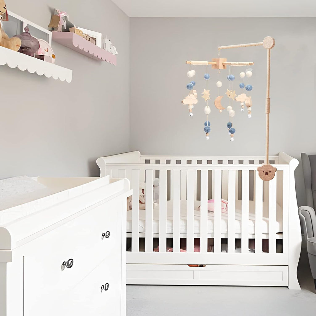 Boho Baby Crib Mobile Decor - Wooden Moon and Stars Nursery Mobiles with Cloud for Bassinet Starry Night Soft Felt