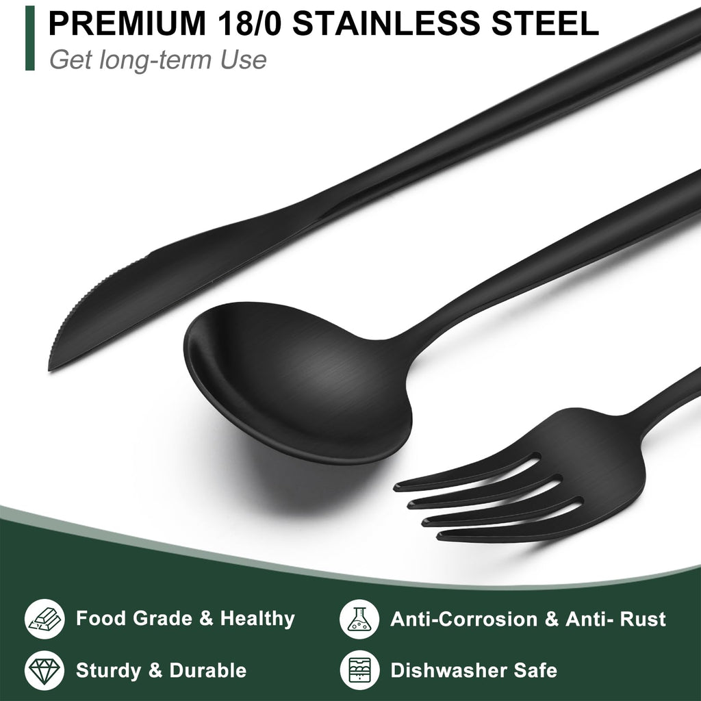 Matte Black Silverware Set 30 Piece, Stainless Steel Flatware Set Service for 6, Cutlery Utensil Sets Restaurant