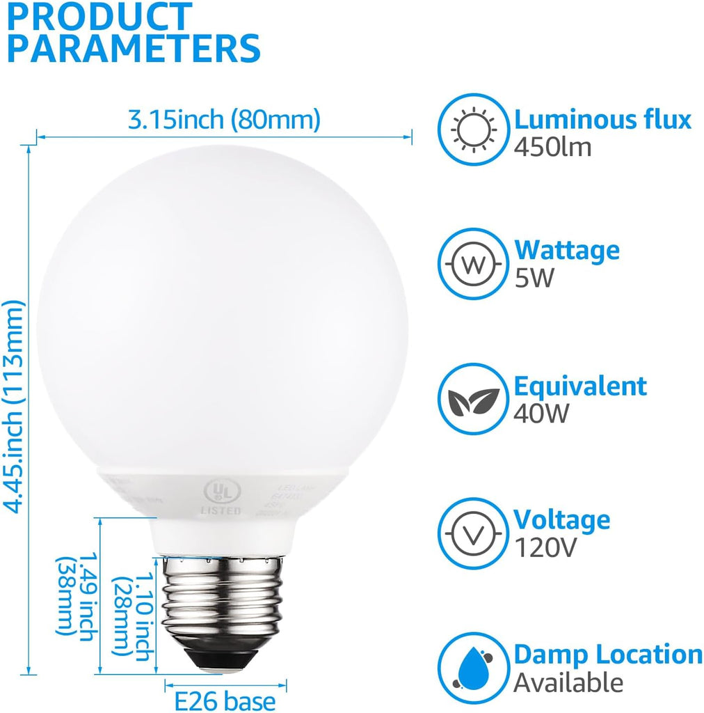 G25 LED Light Bulbs, 5W 450LM, Dimmable, 3000K