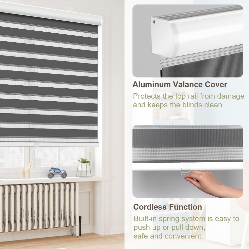 Zebra Blinds Roller Shades Cordless Window Blinds with Valance Cover, Day and Night Sheer Shades Dual Layer Fabric