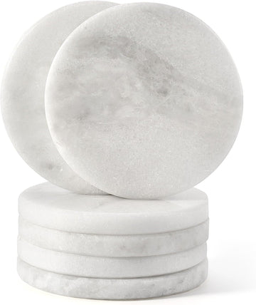 White Marble Coasters for Coffee Table, 3.9" Inches Handmade Round Coaster, Luxury Aesthetic Modern Drink - Set of 6