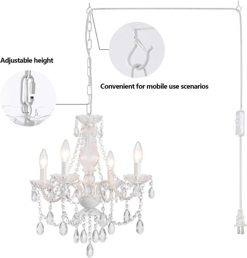 Plug-in White Crystal Chandelier, 4-Light Ceramic & Crystal Hanging Pendant Light with Clear Cord and On/Off Switch