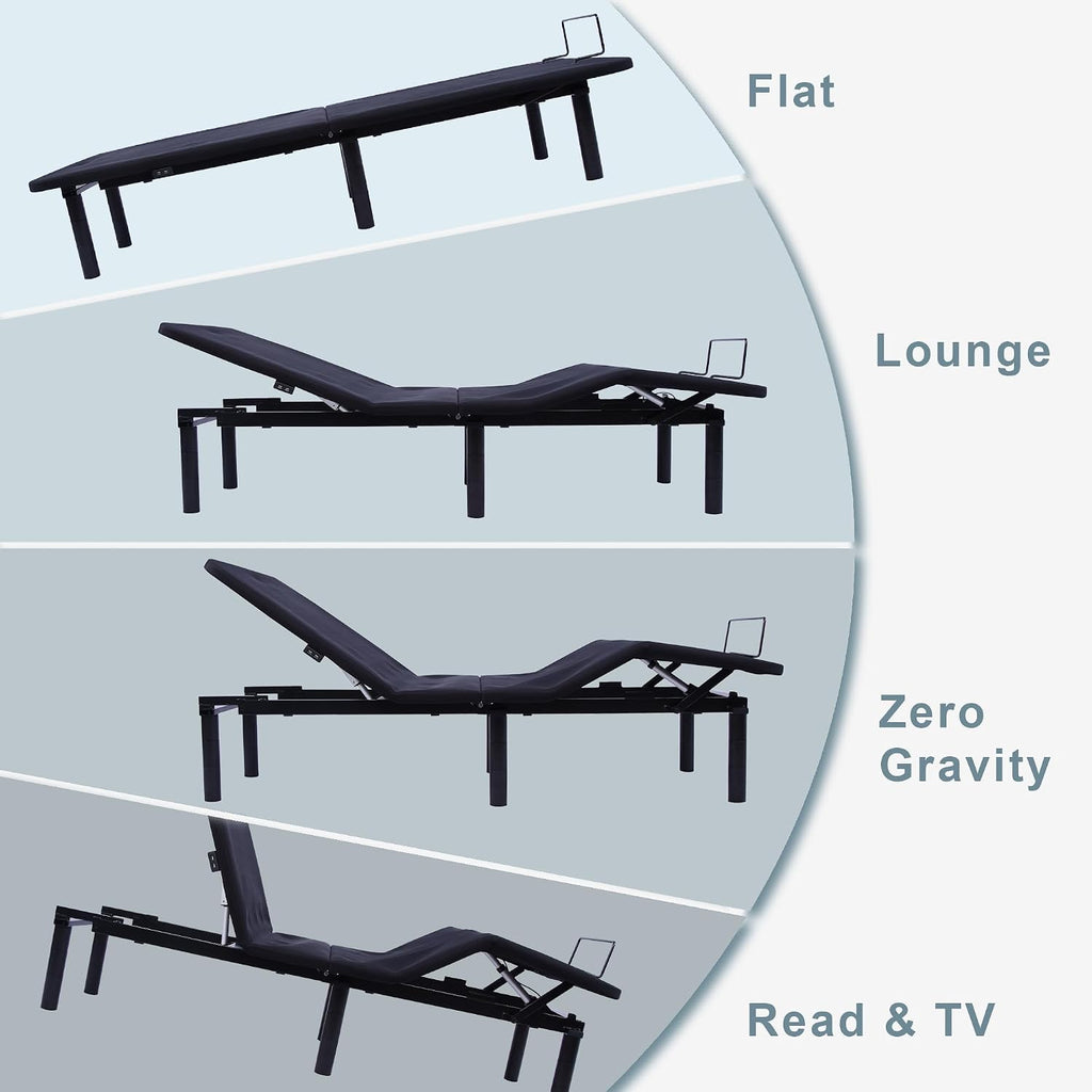 Queen Adjustable Bed Frame Base, Head & Foot Incline, USB Ports, Zero Gravity, Nightlight, 3-Heights Adjustable Legs