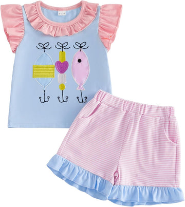 Toddler Baby Girl Fishing Outfit Fish Embroidery T-Shirt Top Striped Ruffle Shorts Set 2Pcs Girls Summer Clothes