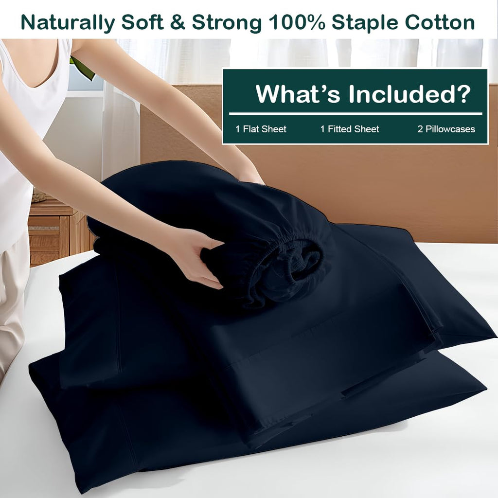 4 Pc Short Queen Size Cotton Sheet Set Navy Blue Solid 10-18" Deep Pocket