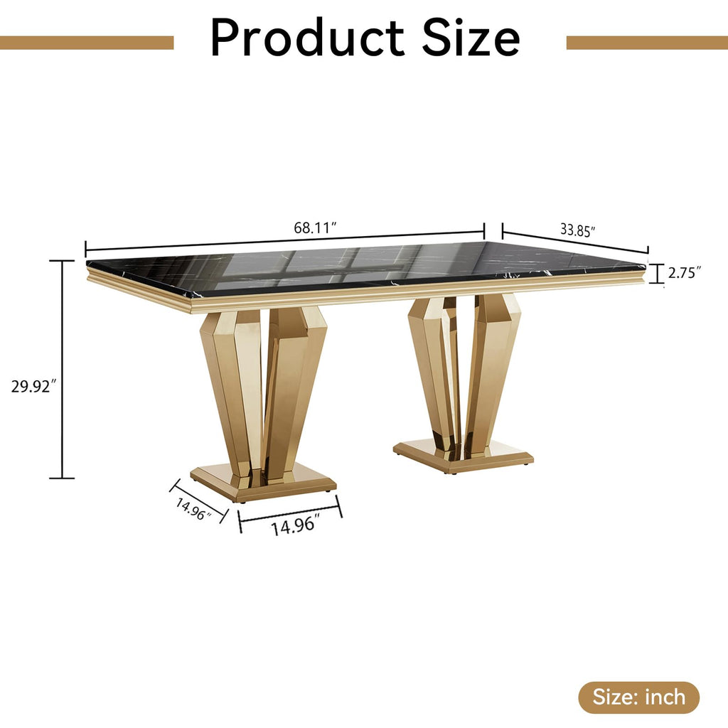 68" Black Marble Dining Table, Luxurious Marble Table Dining with 0.71" Thick Printed Marble Top and Gold