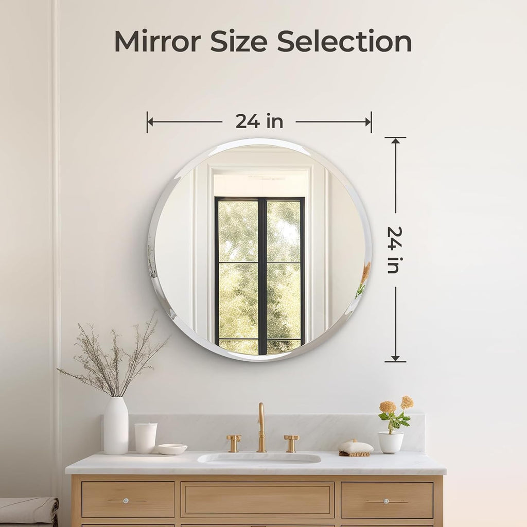 Frameless Round Bathroom Mirror for Over Sink 24" x 24" Circle Mirror Beveled Edge Wall Mirror Vanity Entryway Bedroom