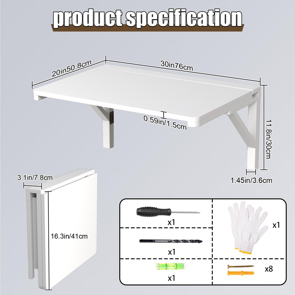 Wall Mounted Folding Table, 29.5"L x 19.6"W, White, Space-Saving Design