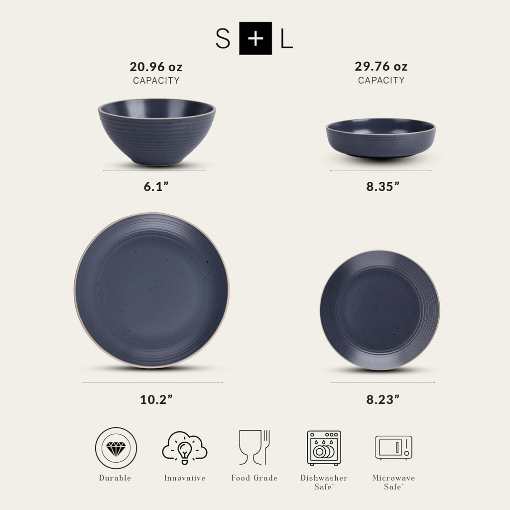 Lauren Modern Stoneware 16-piece Round Dinnerware Set, Plates and bowls Set, Dish set for 4, Charcoal