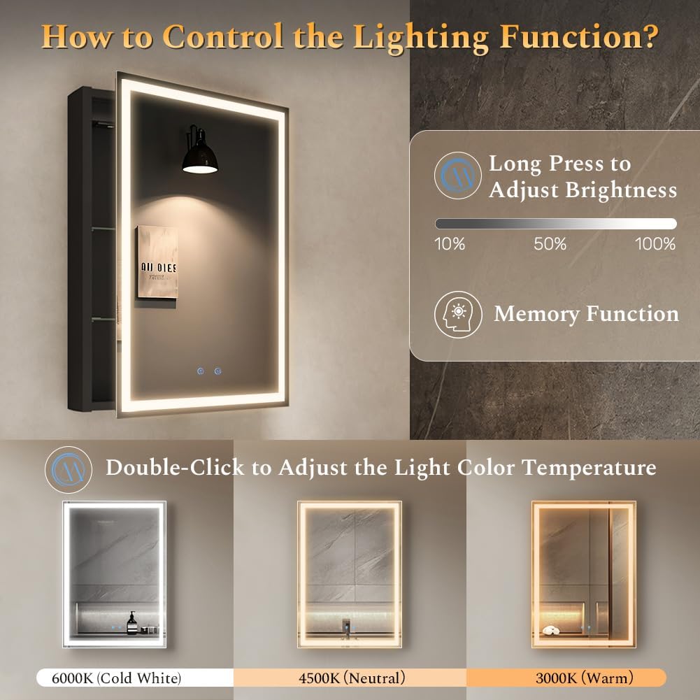 Spliceable Modular LED Lighted Bathroom Medicine Cabinet Mirror with Anti-Fog Aluminum Frame, Adjustable Lighting