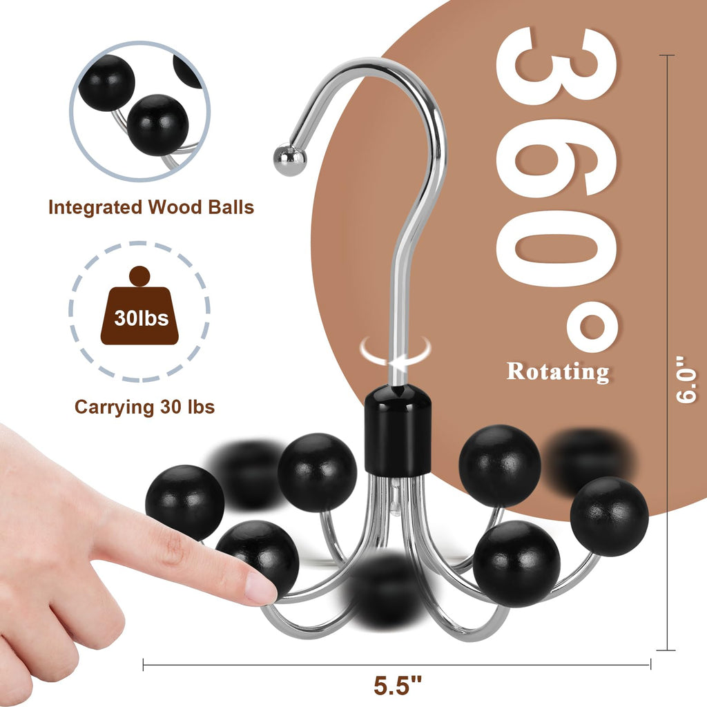 Hoodie Hangers 4-Pack with 6 Wood Balls, 360°Swivel Purse Hanger, Scarf Hanger, Closet Hooks, Handbag Organizer, Bra