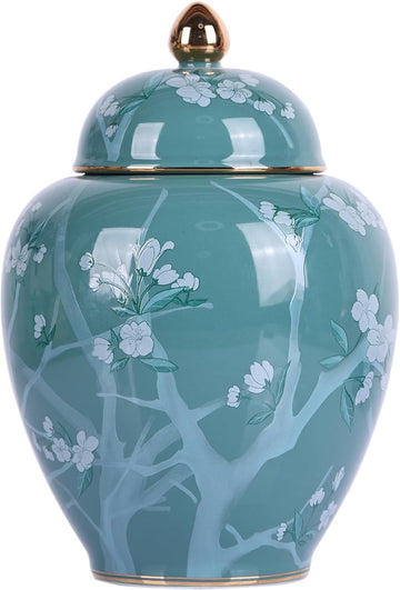 Green Pine Blossom Ceramic Jar-Blue and White Porcelain Ginger Jar, Chinoiserie Decorative Storage Jar
