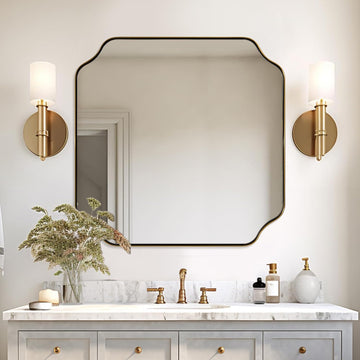 Square Gold Vanity Mirrors, 24"x24" Brushed Brass Scalloped Bathroom Mirror, Antique Wall Mirror with Anti-Rust