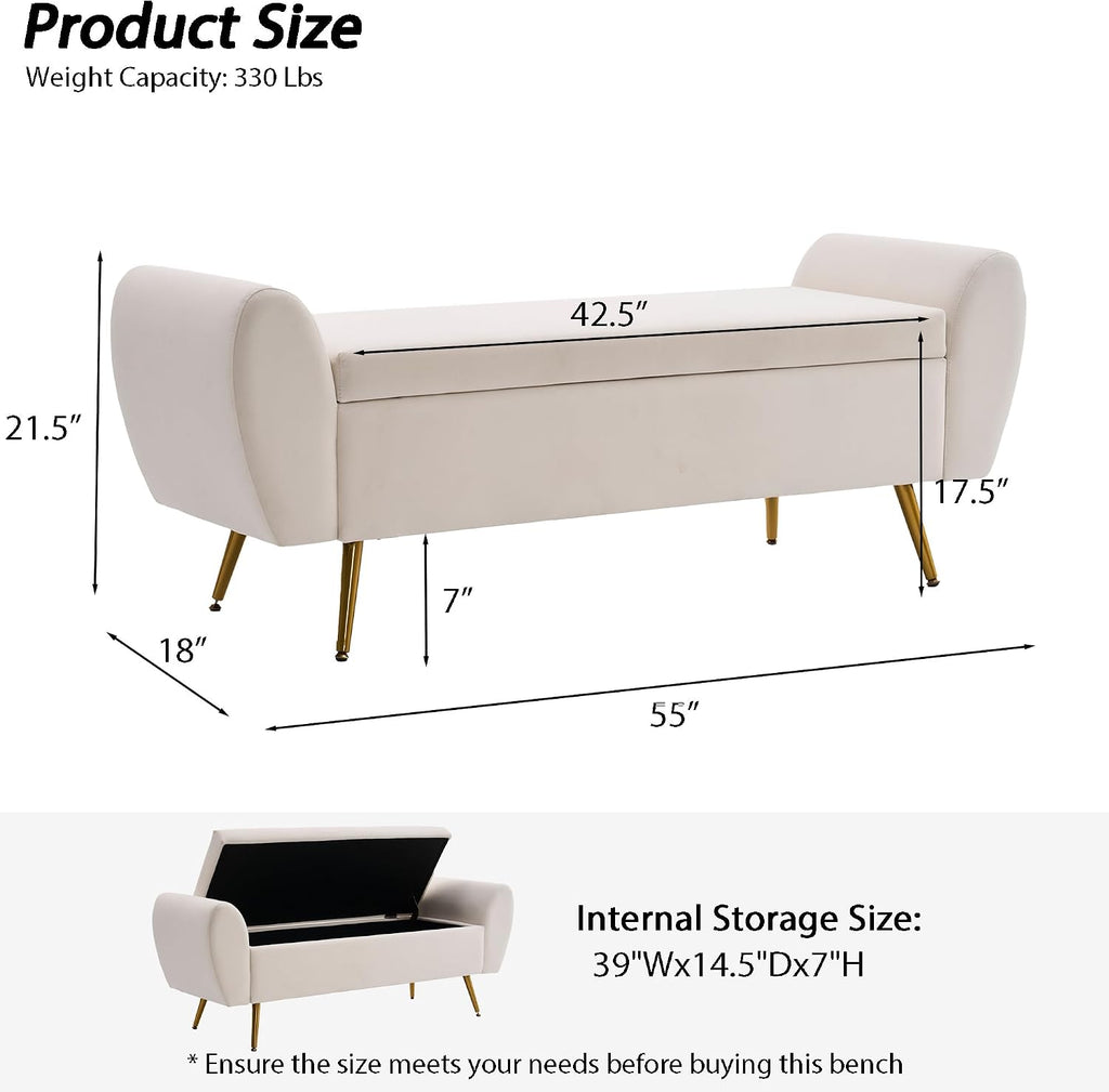 56" Storage Bench King Size Bed, Gold Legs, Velvet Ivory White | Long Ottoman, Modern End of Bed Bench, with Arm