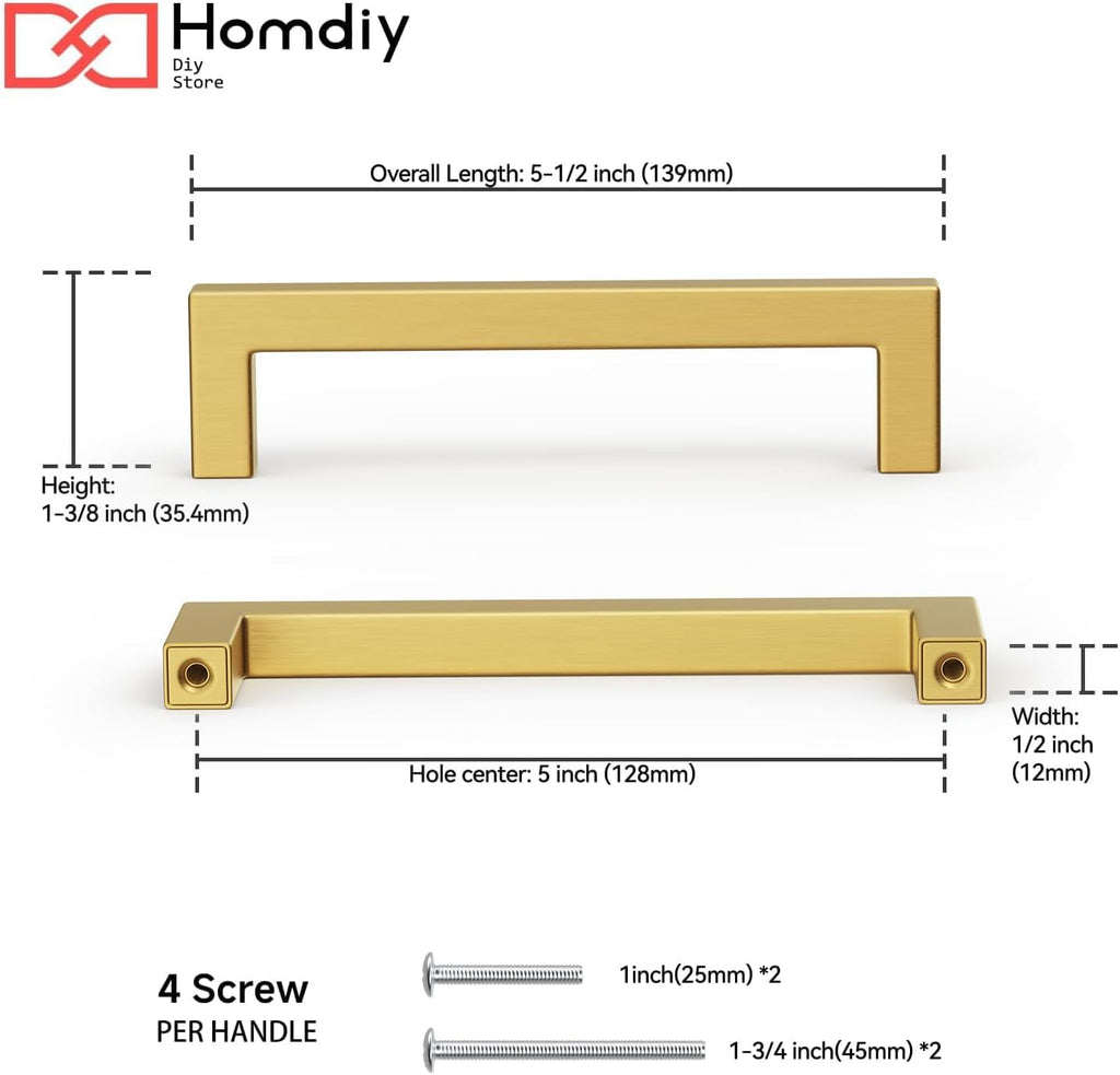 30 Pack 5 Inch Gold Kitchen Cabinet Handles Gold Handles for Cabinets Brushed Brass Cabinet Pulls Square Hardware for