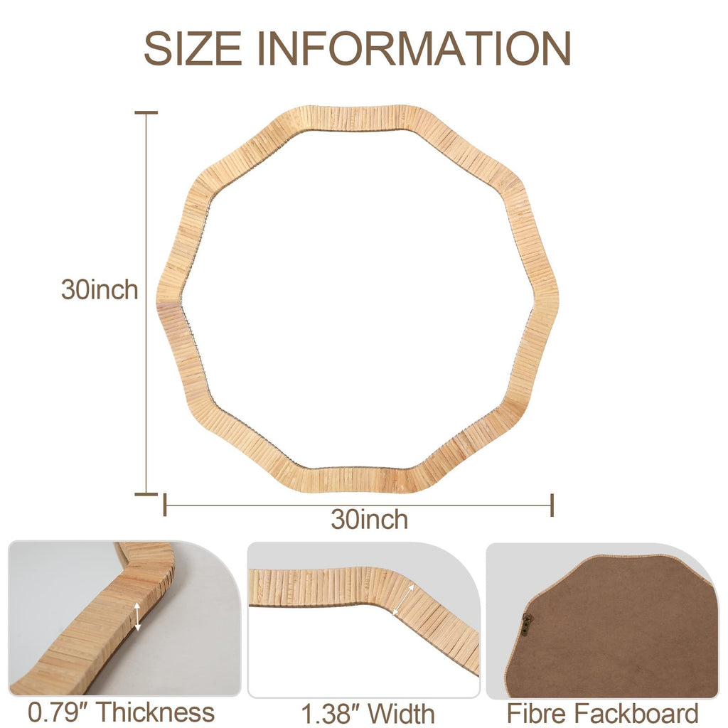 Rattan Wicker Bathroom Wall Mirror, 30 Inch Boho