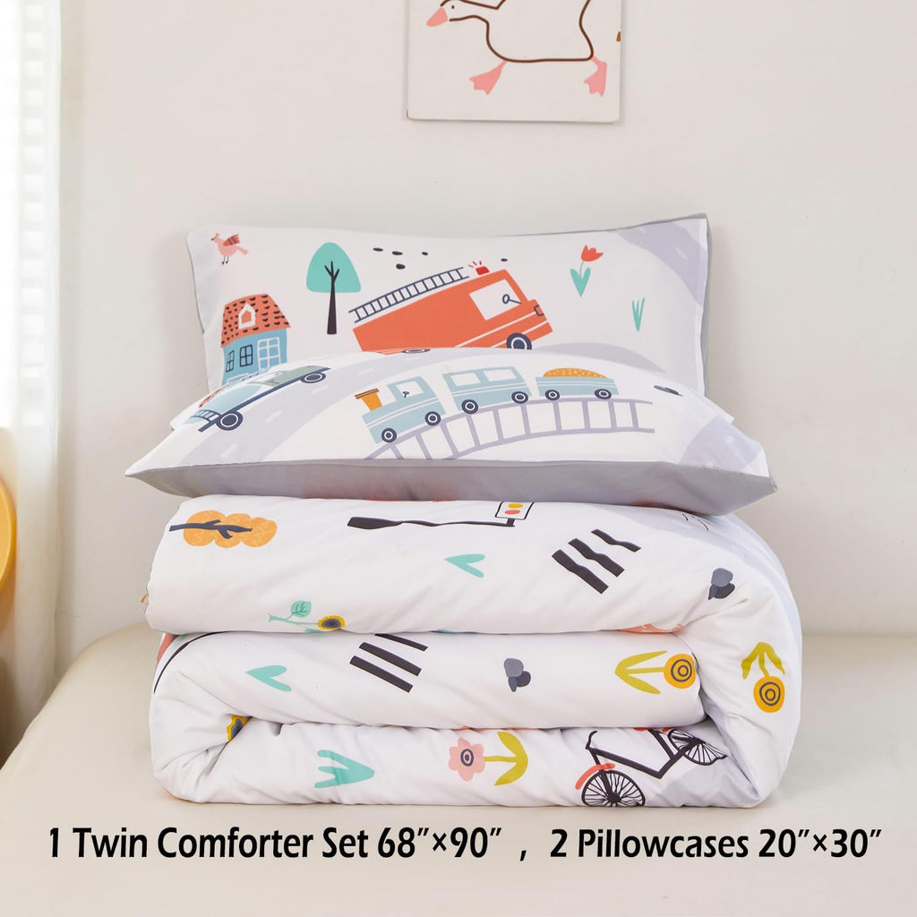 Twin Comforter Sets for Boys 3-Piece Cartoon Cars Kids Bedding Sets Soft and Lightweight White Construction Comforter