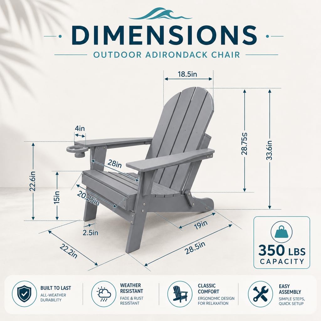 HDPE Folding Adirondack Chair, Outdoor Patio Chair with Cup Holder, Weather Resistant, Fire Pit Porch Deck Garden