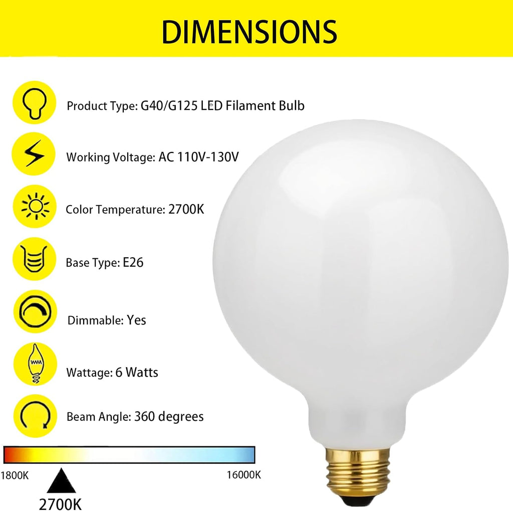 G40 LED Large Globe Light Bulbs, G125 E26 60W Warm White Dimmable