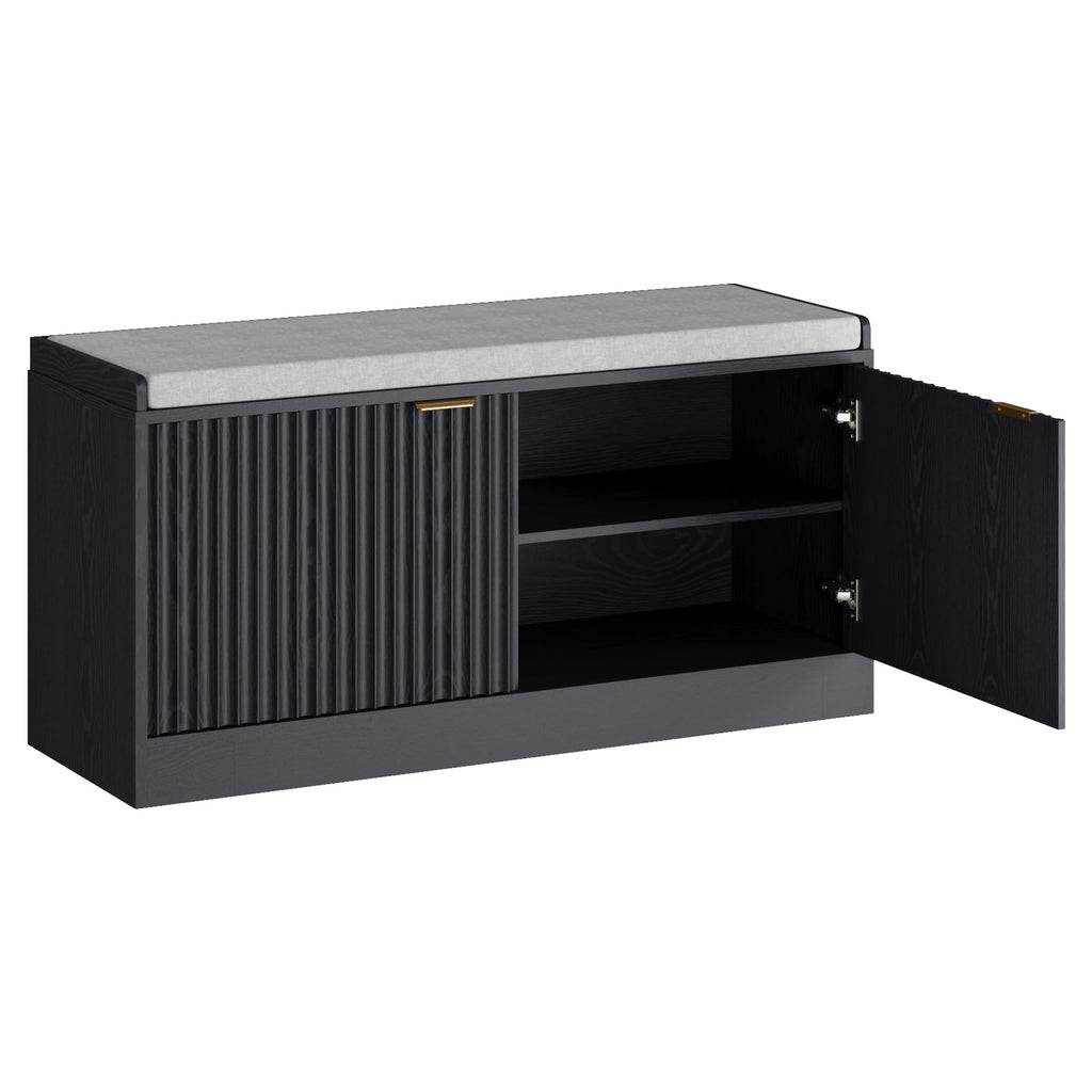 Fluted Shoe Storage Bench with Cushioned Seat and Sliding Doors, Black丨Modern Entryway Cabinet with Gold Handles