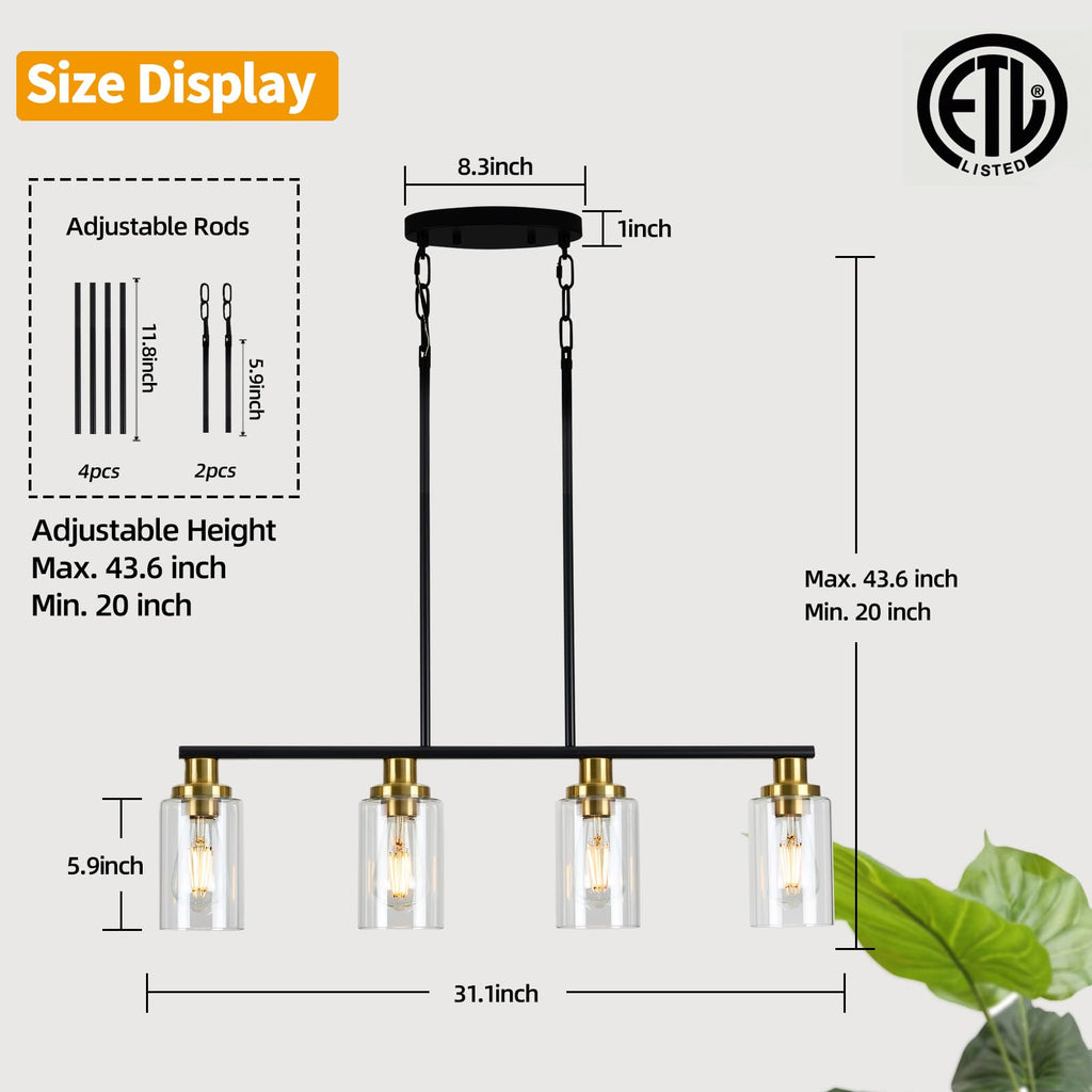 Island Lights, 4-Light Farmhouse Dining Room Light Fixtures Over Table, Matte Black and Gold Linear Chandeliers