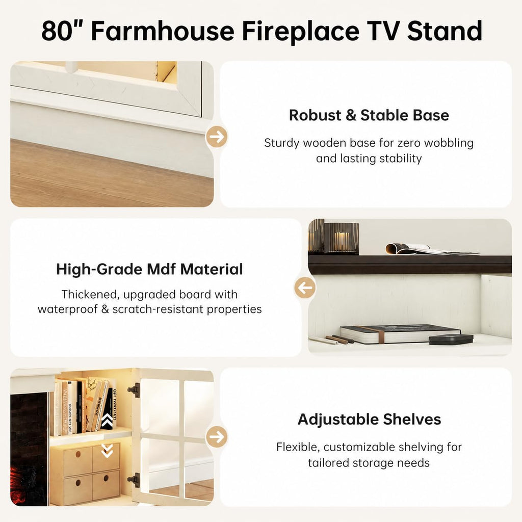 80" Farmhouse Fireplace TV Stand, 3‐Sided Glass Fireplace, White