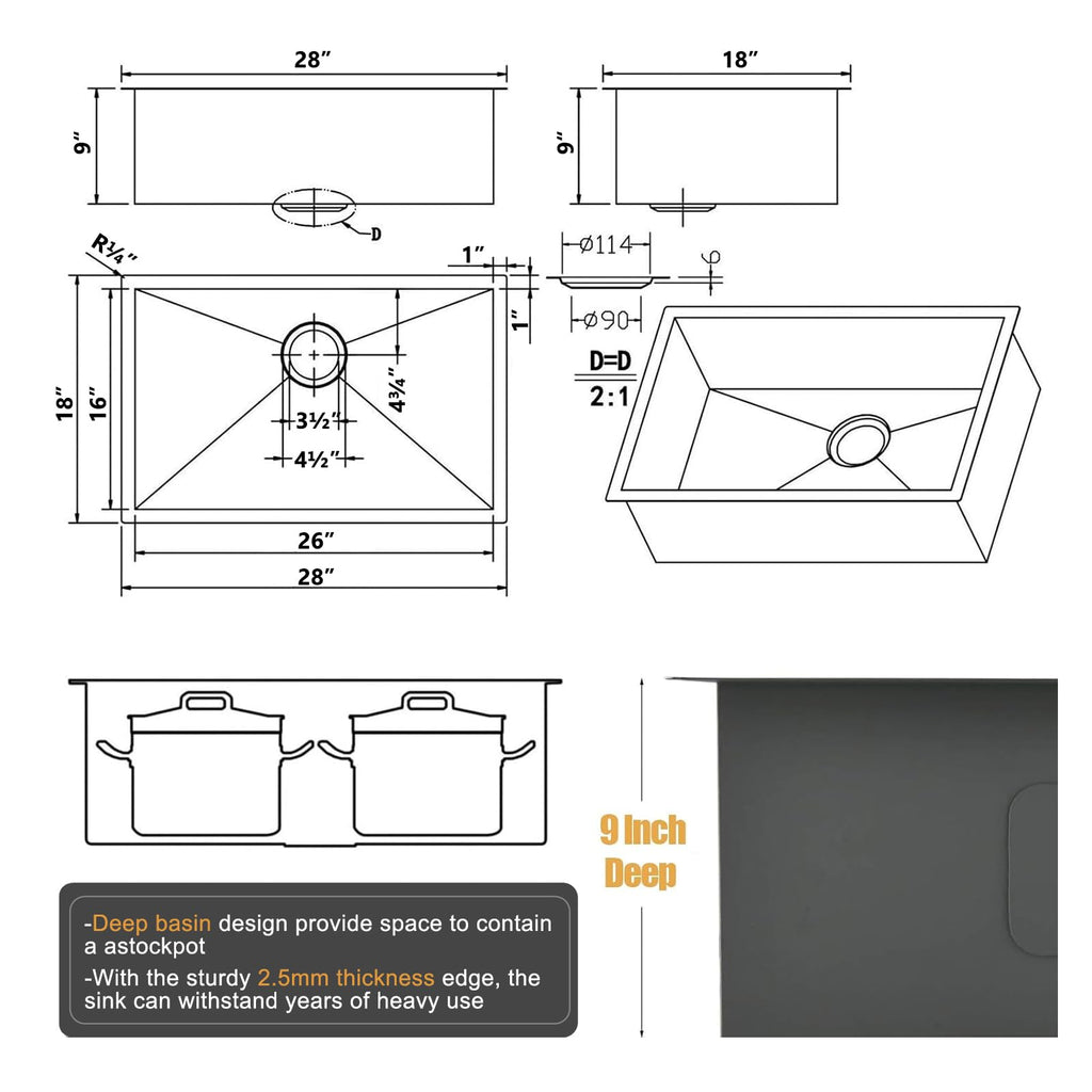 28 Inch Undermount Kitchen Sink, 28 x 18 Brushed Nickel Stainless Steel 16 Gauge 9 Inch Deep Single Bowl Basin